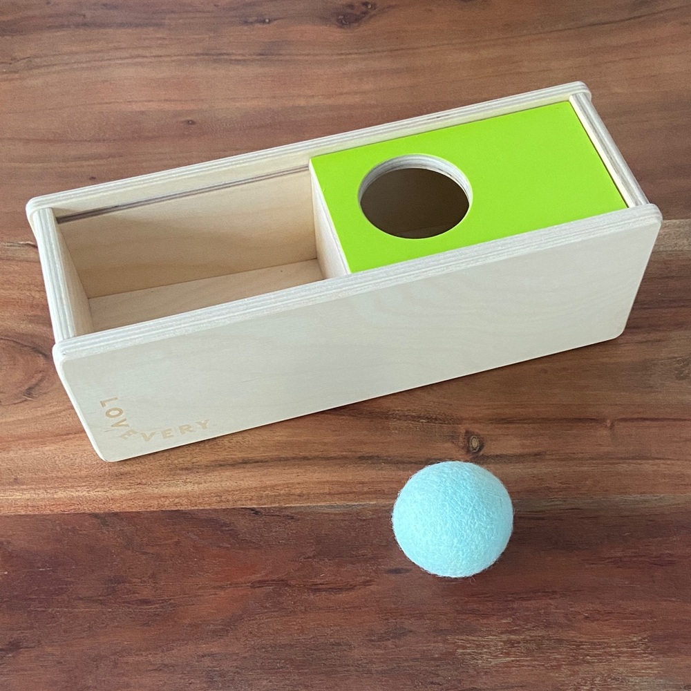 Lovevery wooden sliding top box with felt ball Montessori educational play toy
